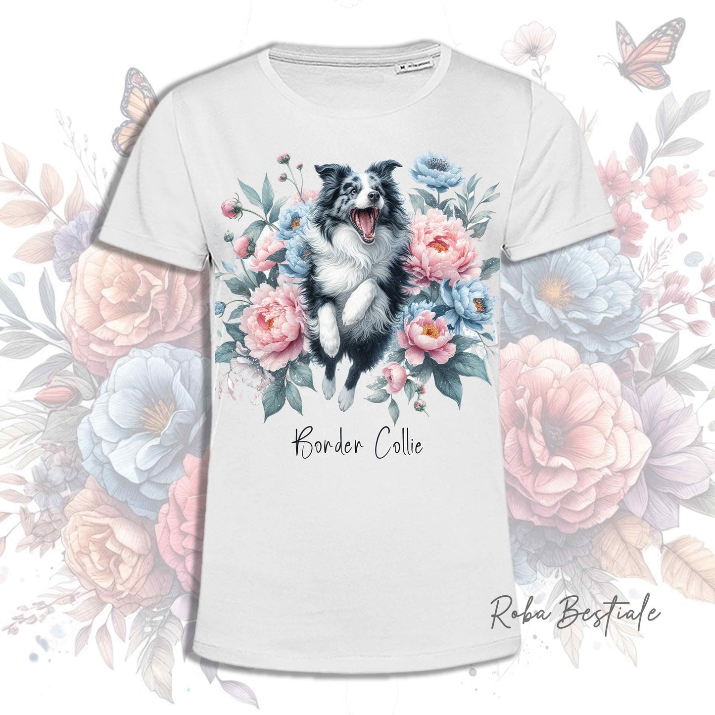 T-Shirt PEONY - BORDER COLLIE Blue Merle - Bianca, Uomo o Donna - dalla XS alla 5XL