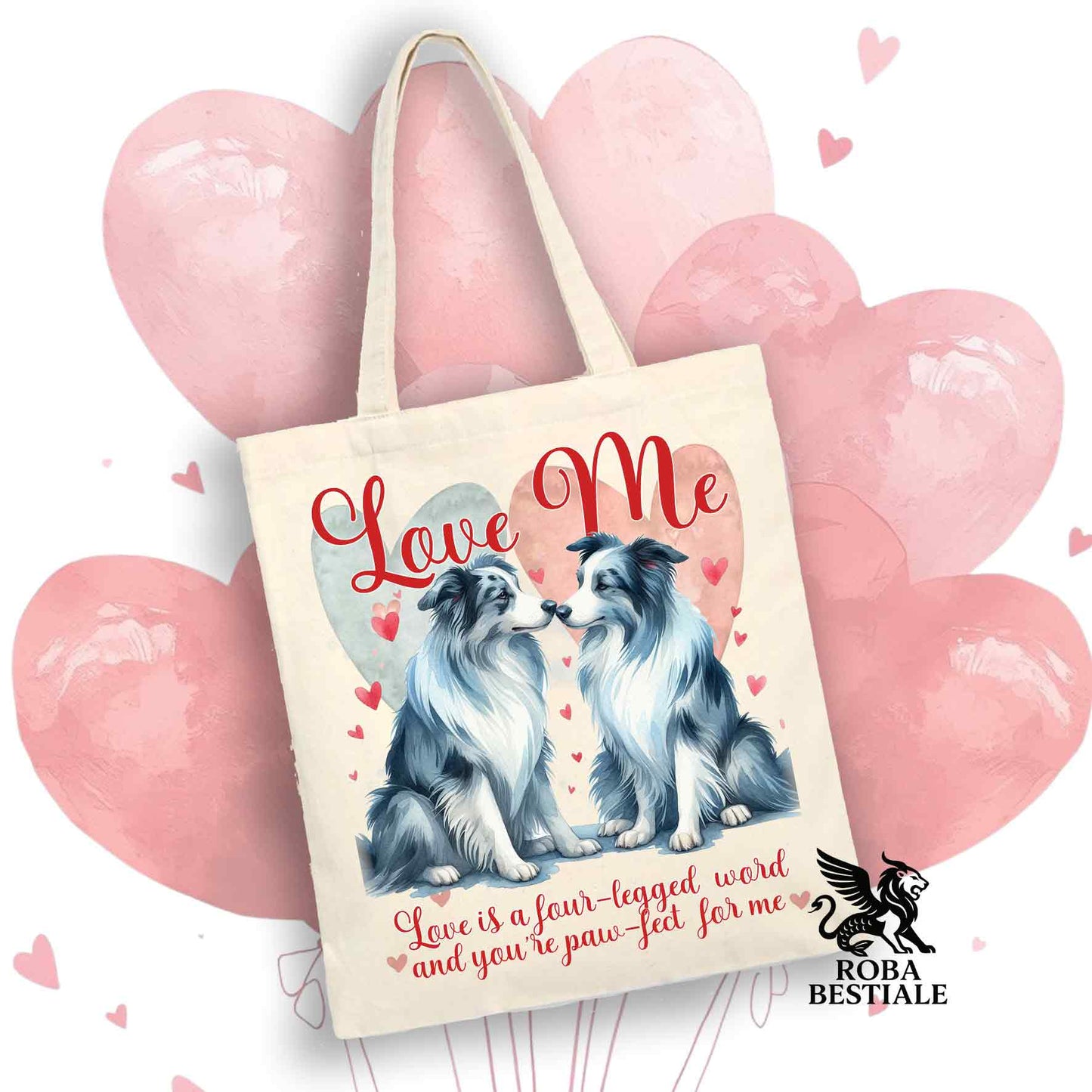 Tote Bag LOVE ME - BORDER COLLIE Blue Merle - 100% Cotone - Bianca o Beige