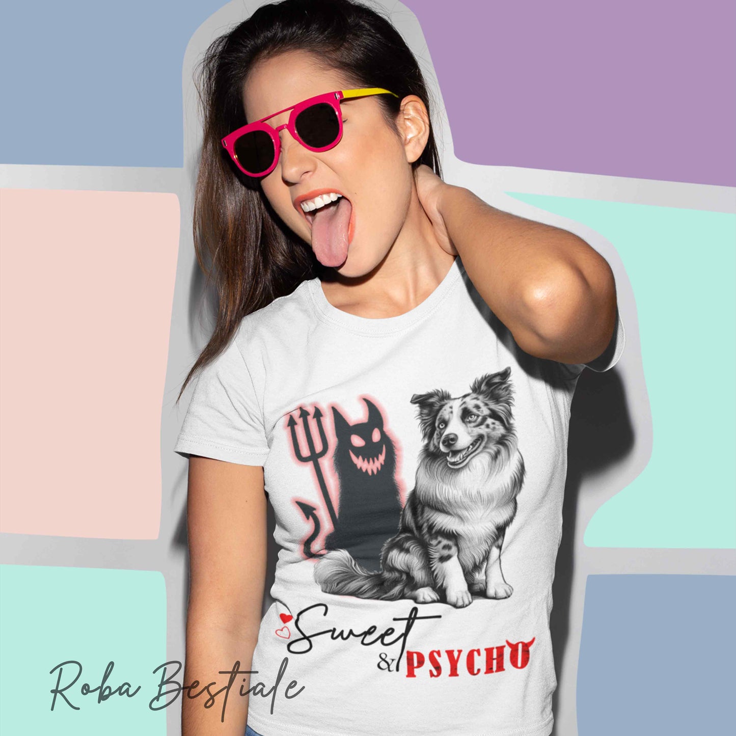 T-Shirt SWEET&PSYCHO - BORDER COLLIE Blue Merle - BIANCA, Uomo o Donna - dalla XS alla 5XL
