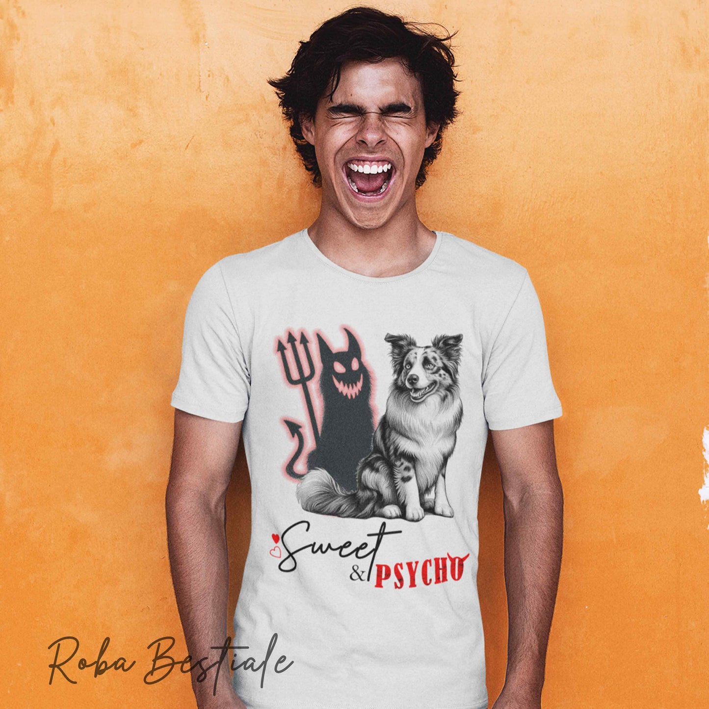 T-Shirt SWEET&PSYCHO - BORDER COLLIE Blue Merle - BIANCA, Uomo o Donna - dalla XS alla 5XL