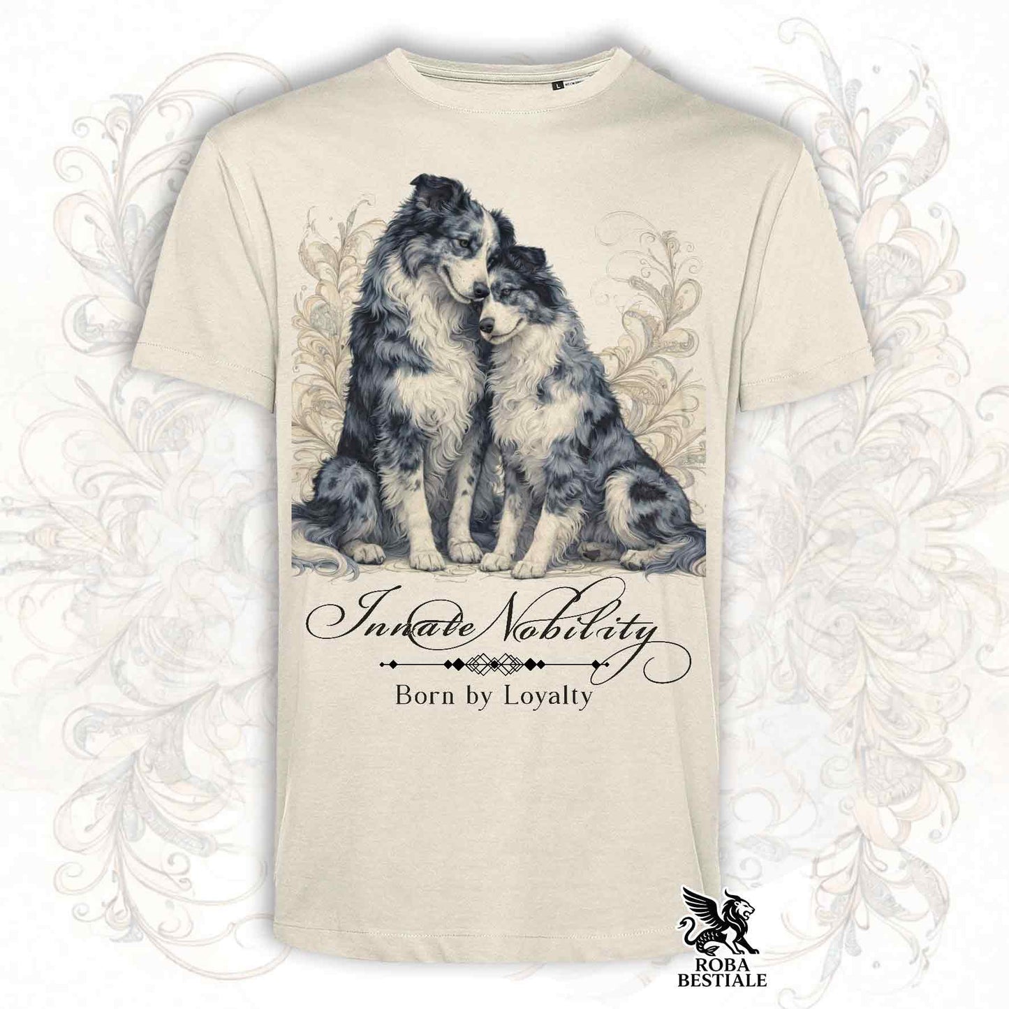 T-Shirt NOBILITY - BORDER COLLIE Blue Merle - Bianca o Beige, da Uomo o da Donna - dalla XS alla 5XL