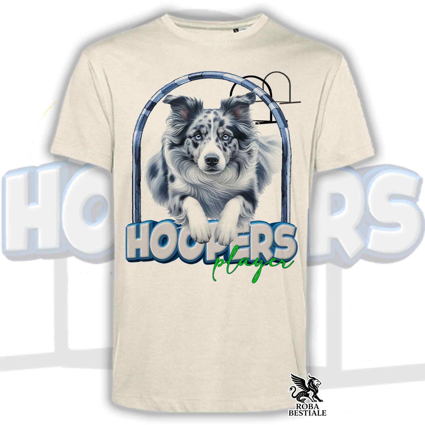 T-Shirt HOOPERS Player - BORDER COLLIE Blue Merle - Bianca o Beige, da Uomo o da Donna - dalla XS alla 5XL
