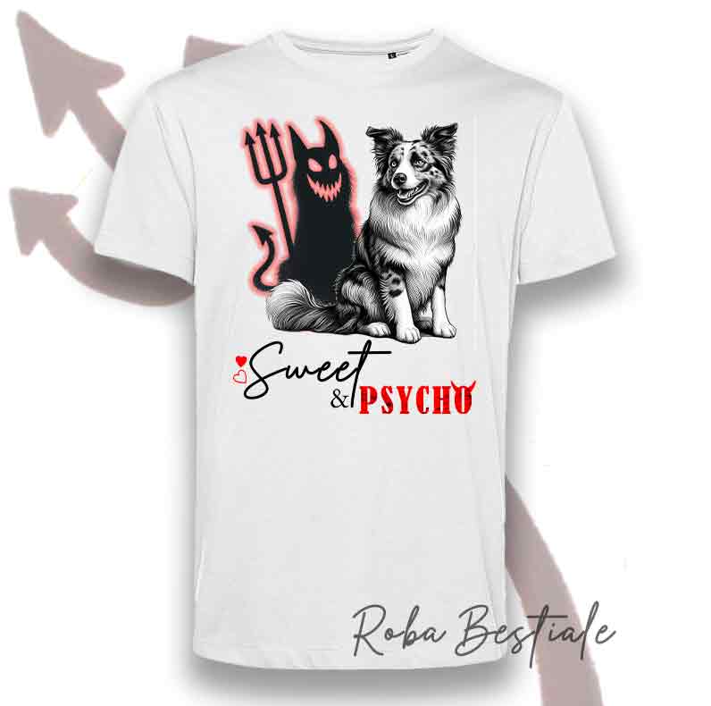T-Shirt SWEET&PSYCHO - BORDER COLLIE Blue Merle - BIANCA, Uomo o Donna - dalla XS alla 5XL