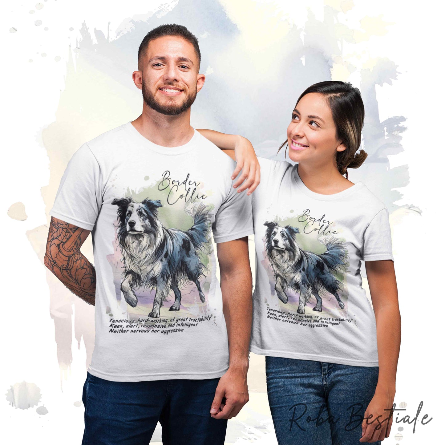 T-Shirt BEHAVIOR - BORDER COLLIE Blue Merle - Standard FCI - 100% Cotone, Bianca, Uomo o Donna - dalla XS alla 5XL