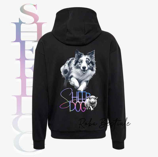 Felpa FLASHY SHEEPDOG - BORDER COLLIE Merle - Unisex - Nera o Grigia - dalla XS alla 3XL - Scritta Olografica Cangiante!