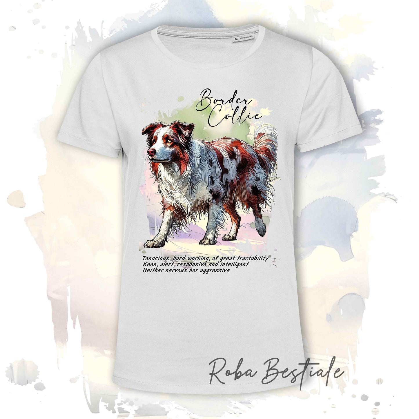 T-Shirt BEHAVIOR - BORDER COLLIE Red Merle - Standard FCI - 100% Cotone, Bianca, Uomo o Donna - dalla XS alla 5XL