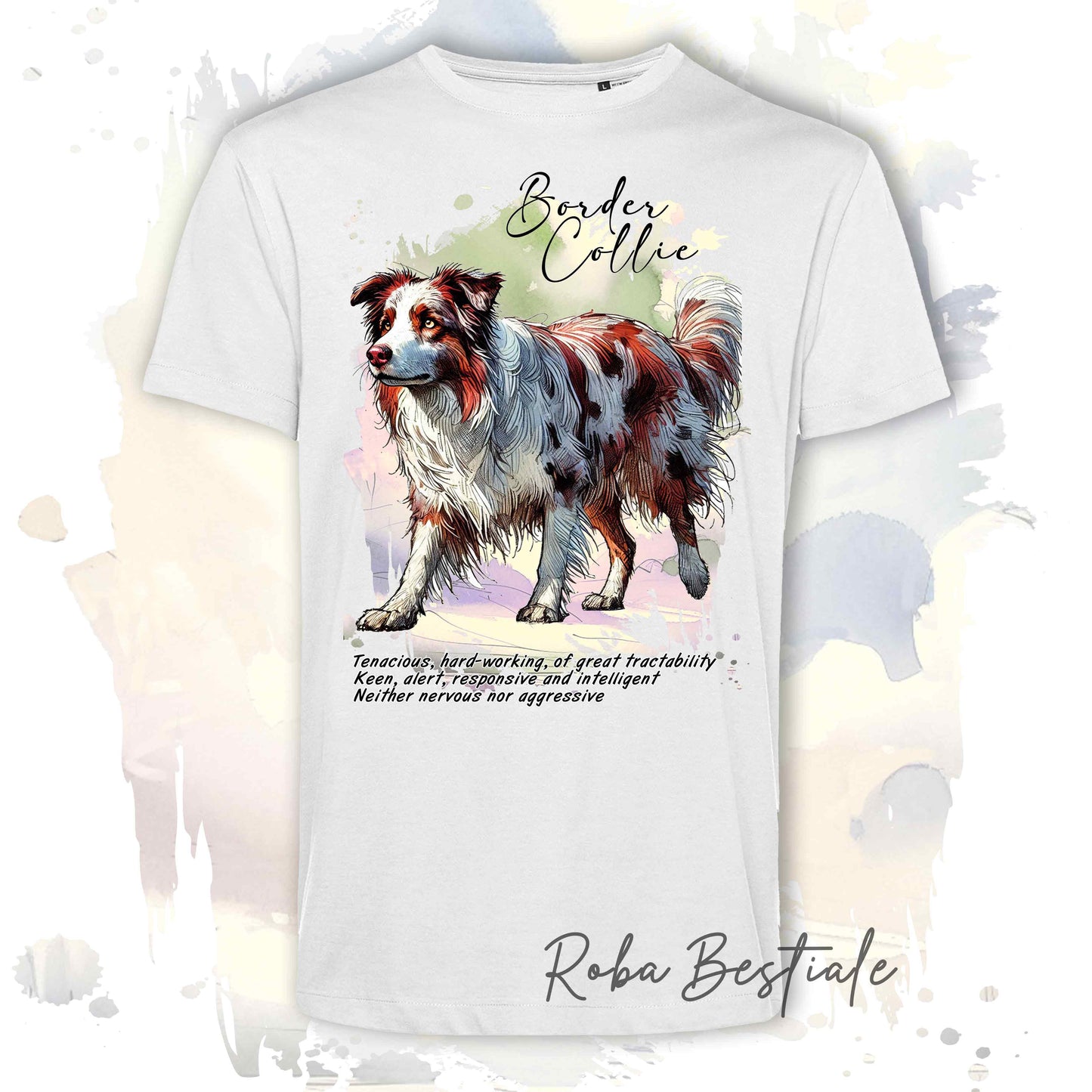 T-Shirt BEHAVIOR - BORDER COLLIE Red Merle - Standard FCI - 100% Cotone, Bianca, Uomo o Donna - dalla XS alla 5XL
