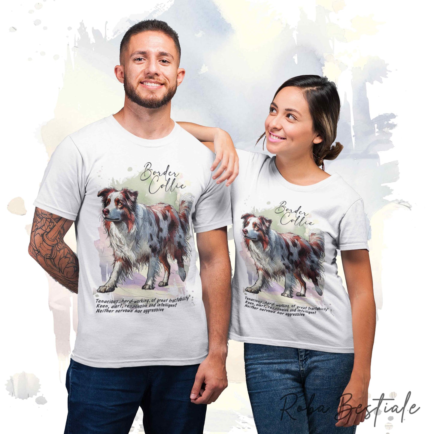 T-Shirt BEHAVIOR - BORDER COLLIE Red Merle - Standard FCI - 100% Cotone, Bianca, Uomo o Donna - dalla XS alla 5XL