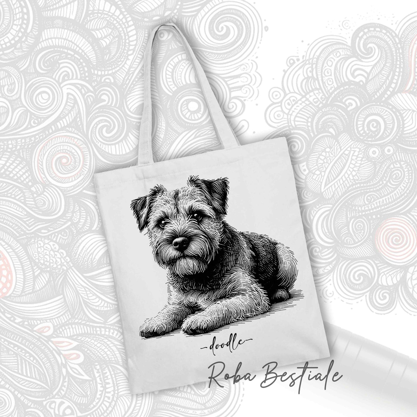Shopper DOODLE - BORDER TERRIER - Diversi colori disponibili, 100% Cotone