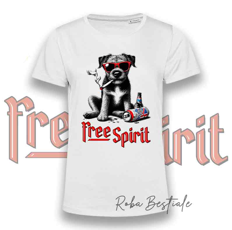 T-Shirt FREE SPIRIT - BORDER TERRIER - Bianca, da Uomo o da Donna - dalla XS alla 5XL