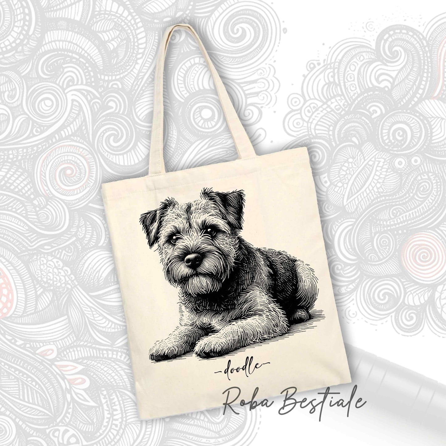 Shopper DOODLE - BORDER TERRIER - Diversi colori disponibili, 100% Cotone