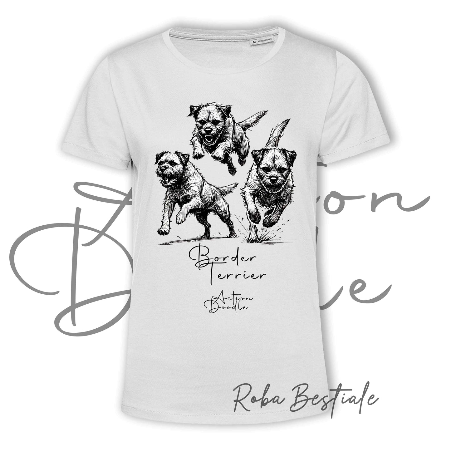 T-Shirt ACTION DOODLE - BORDER TERRIER 1 - 100% Cotone, Bianca, Uomo o Donna - dalla XS alla 5XL
