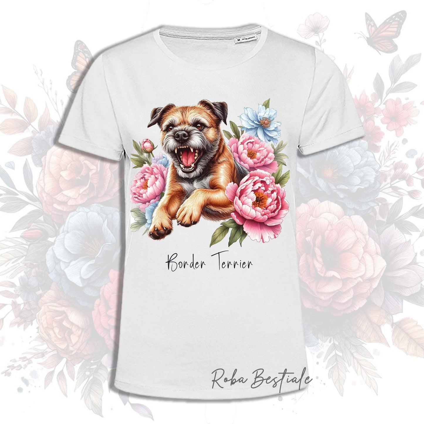 T-Shirt PEONY - BORDER TERRIER Grizzle and Tan - Bianca, Uomo o Donna - dalla XS alla 5XL