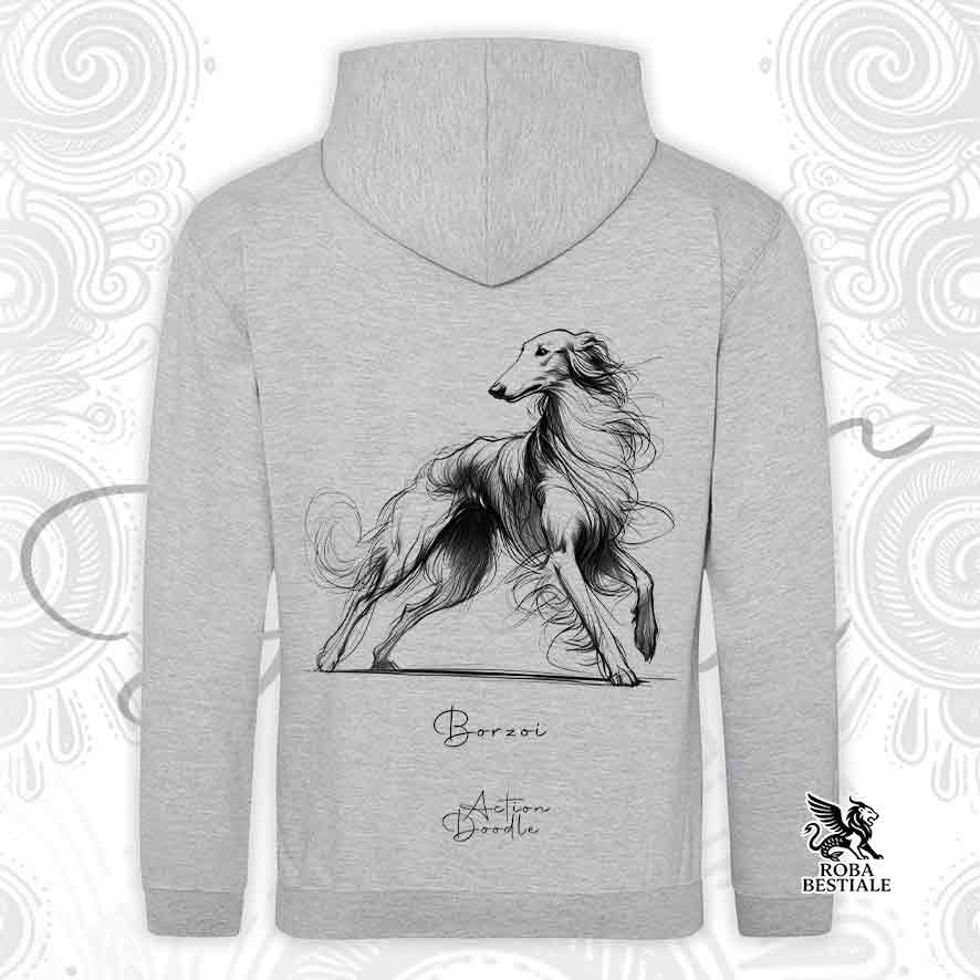 Felpa ACTION DOODLE - BORZOI - Con Cappuccio e Tasconi, diversi colori, Unisex - dalla XS alla 3XL