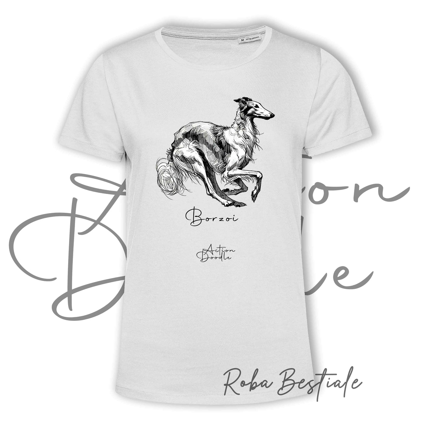 T-Shirt ACTION DOODLE - BORZOI 1 - 100% Cotone, Bianca, Uomo o Donna - dalla XS alla 5XL