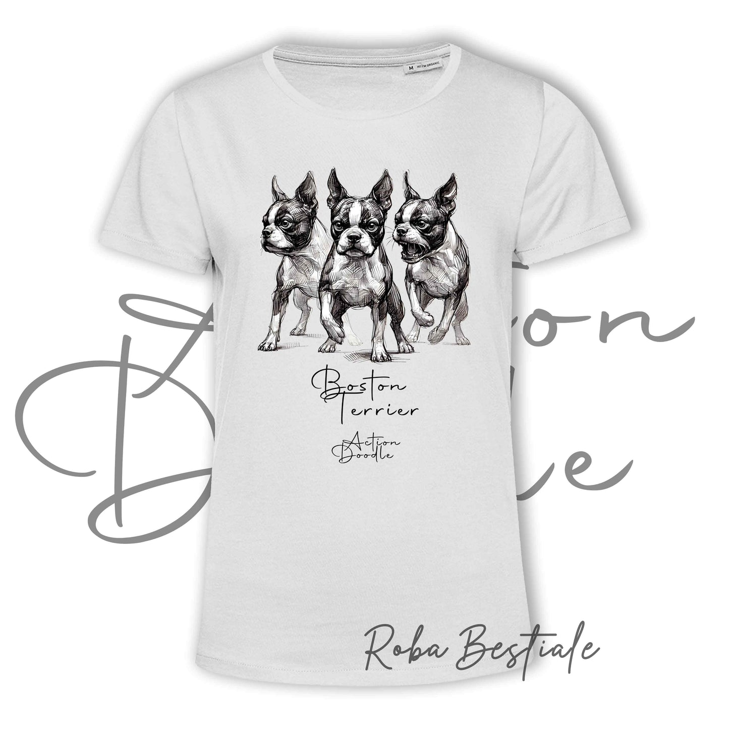 T-Shirt ACTION DOODLE - BOSTON TERRIER 1 - 100% Cotone, Bianca, Uomo o Donna - dalla XS alla 5XL