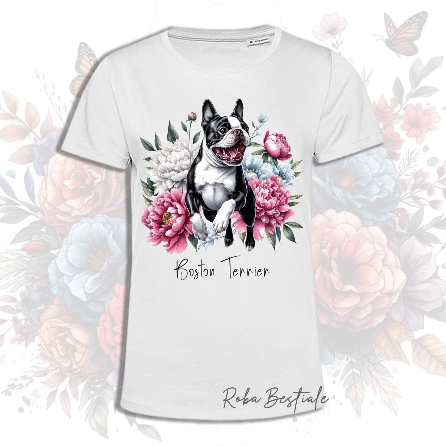 T-Shirt PEONY - BOSTON TERRIER Bianco e Nero - Bianca, Uomo o Donna - dalla XS alla 5XL