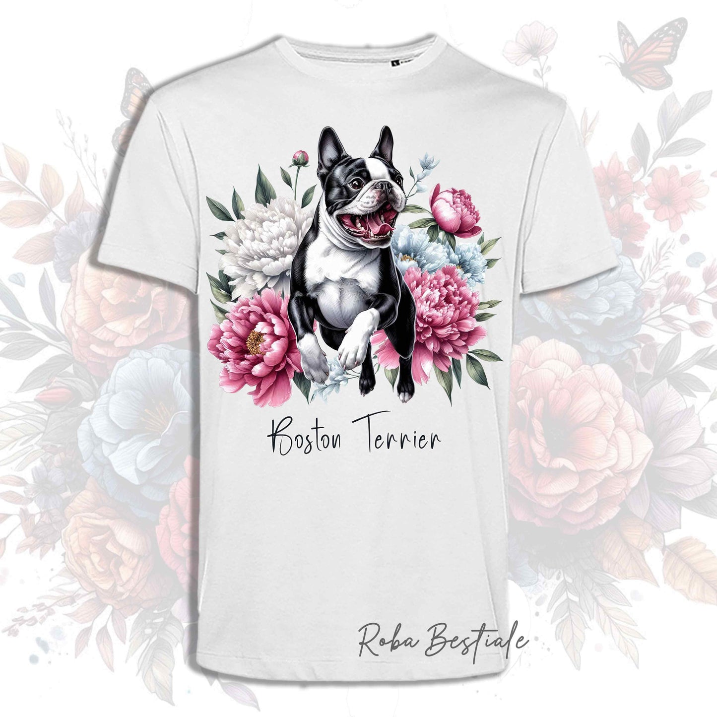 T-Shirt PEONY - BOSTON TERRIER Bianco e Nero - Bianca, Uomo o Donna - dalla XS alla 5XL