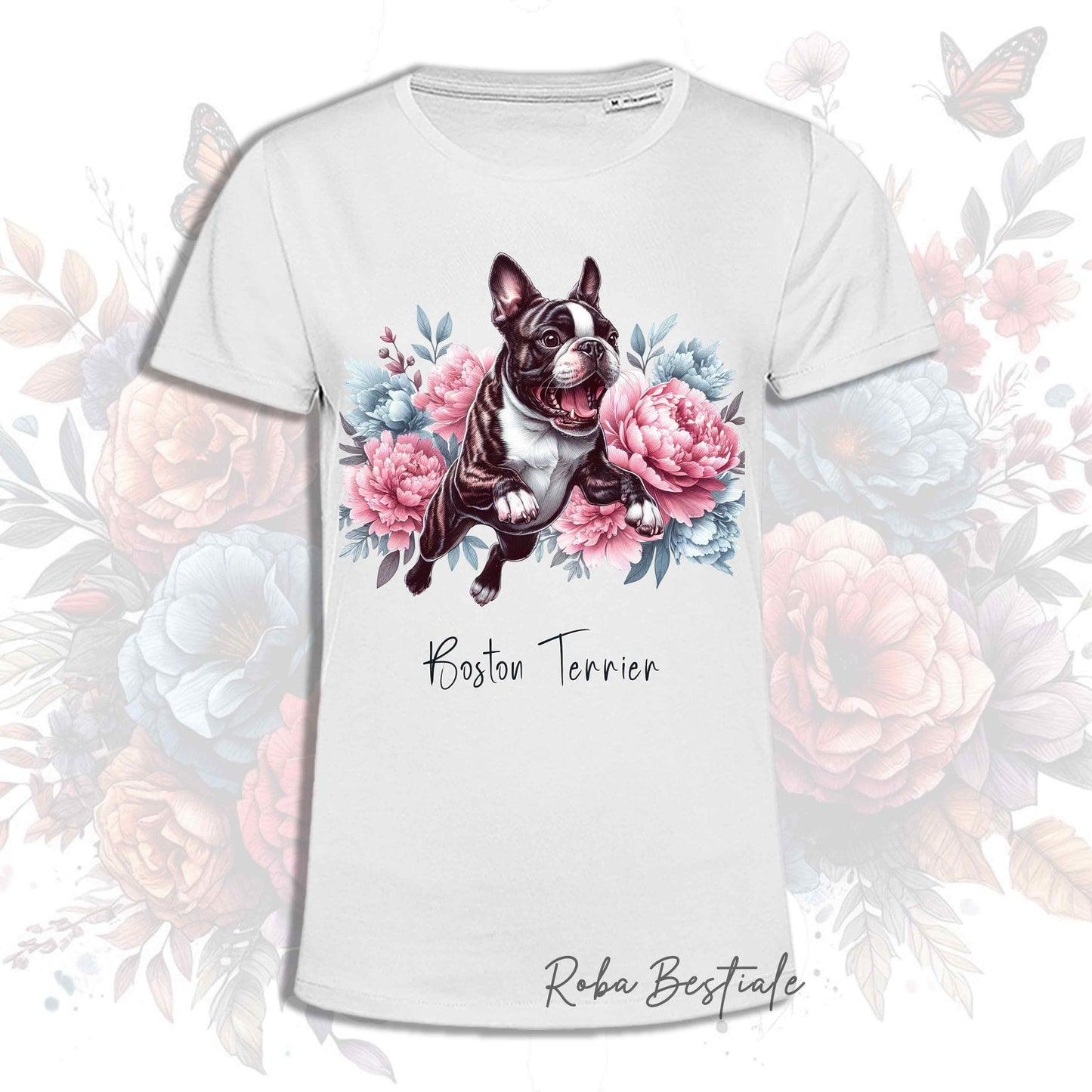T-Shirt PEONY - BOSTON TERRIER Tigrato - Bianca, Uomo o Donna - dalla XS alla 5XL
