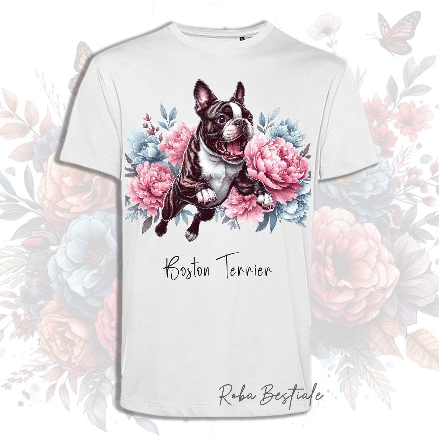T-Shirt PEONY - BOSTON TERRIER Tigrato - Bianca, Uomo o Donna - dalla XS alla 5XL