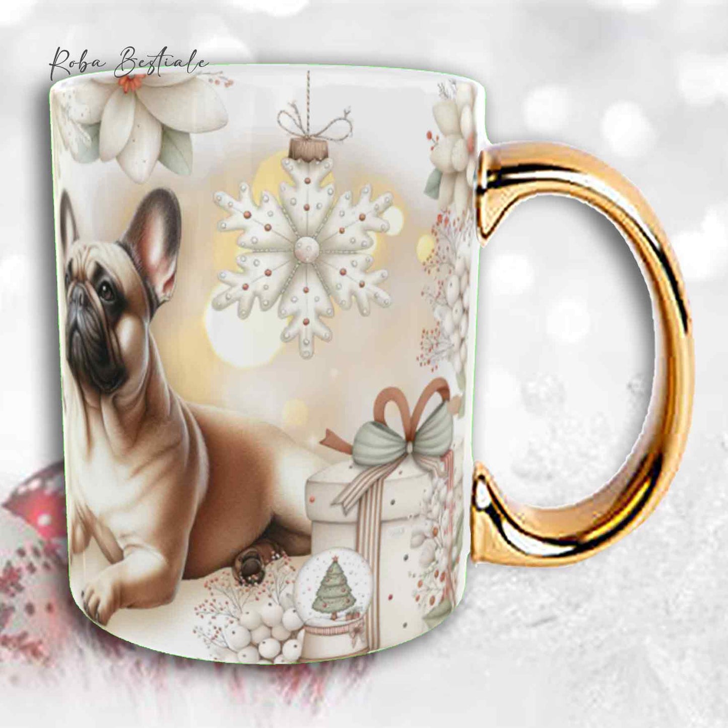 Tazza COZY WINTER - BOULEDOGUE FRANCAIS Fulvo - In Ceramica, con manico color Oro - 330 ml