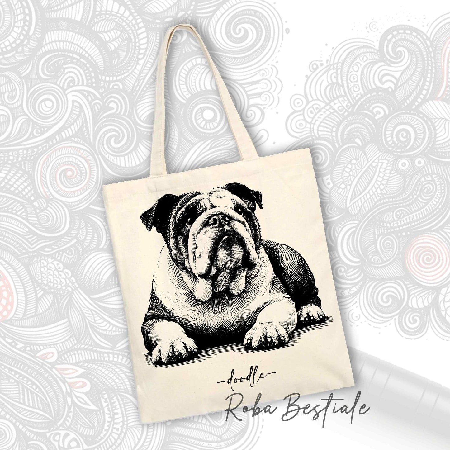 Shopper DOODLE Elegance - BULLDOG INGLESE - Diversi colori disponibili, 100% Cotone