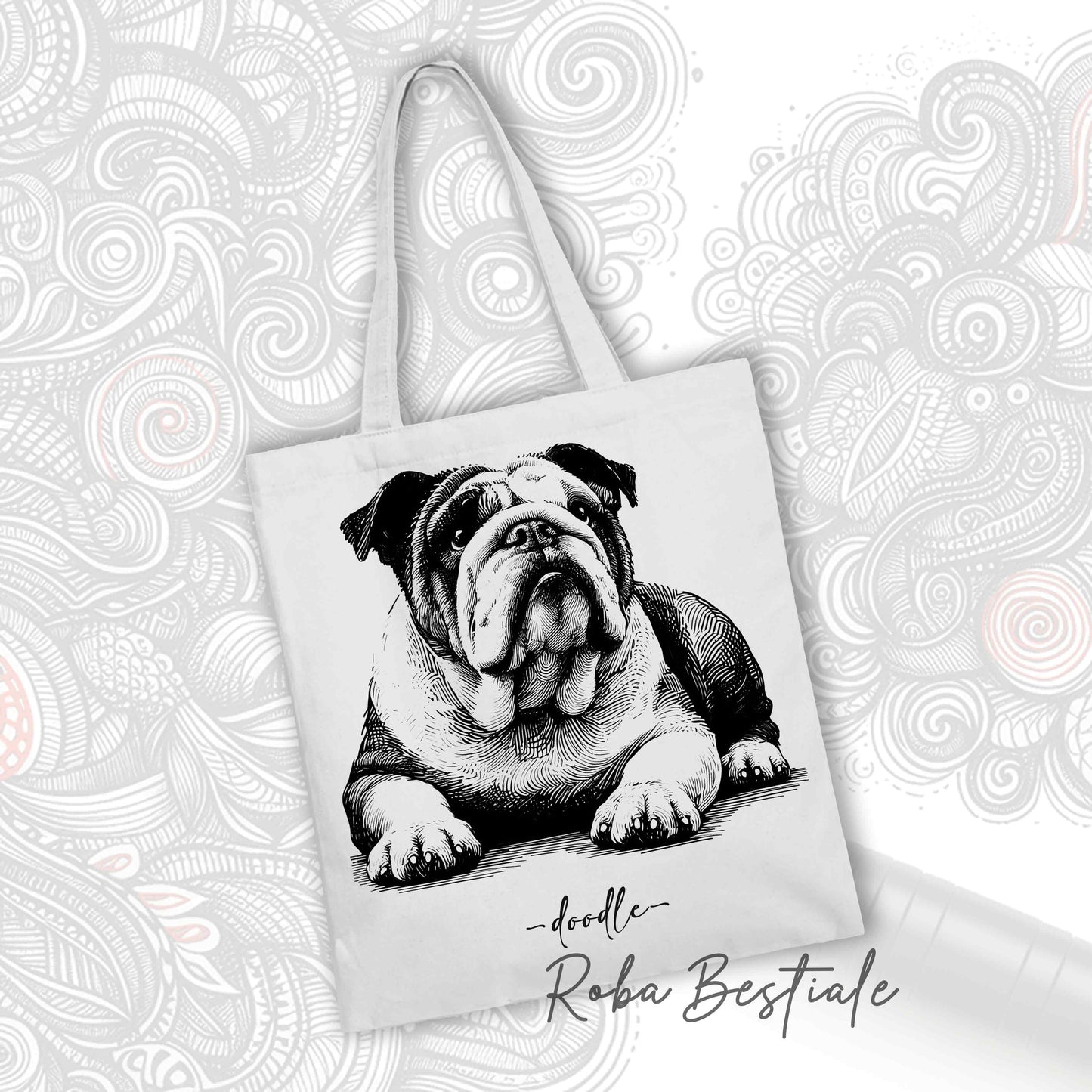 Shopper DOODLE Elegance - BULLDOG INGLESE - Diversi colori disponibili, 100% Cotone