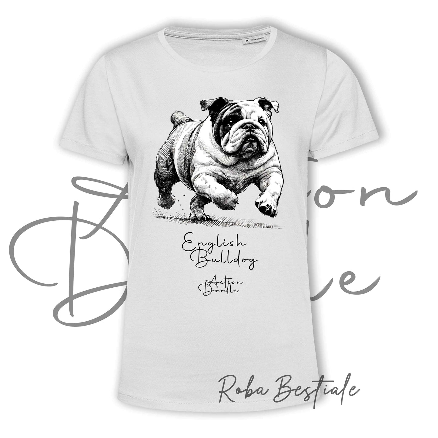 T-Shirt ACTION DOODLE - BULLDOG INGLESE 1 - 100% Cotone, Bianca, Uomo o Donna - dalla XS alla 5XL