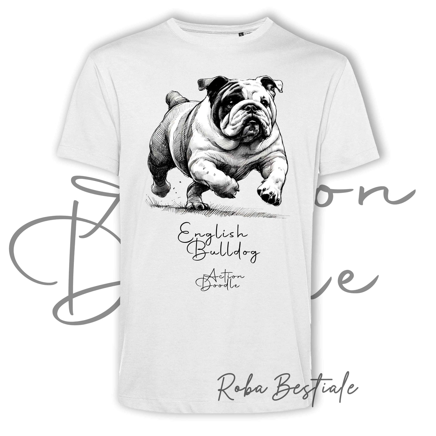 T-Shirt ACTION DOODLE - BULLDOG INGLESE 1 - 100% Cotone, Bianca, Uomo o Donna - dalla XS alla 5XL