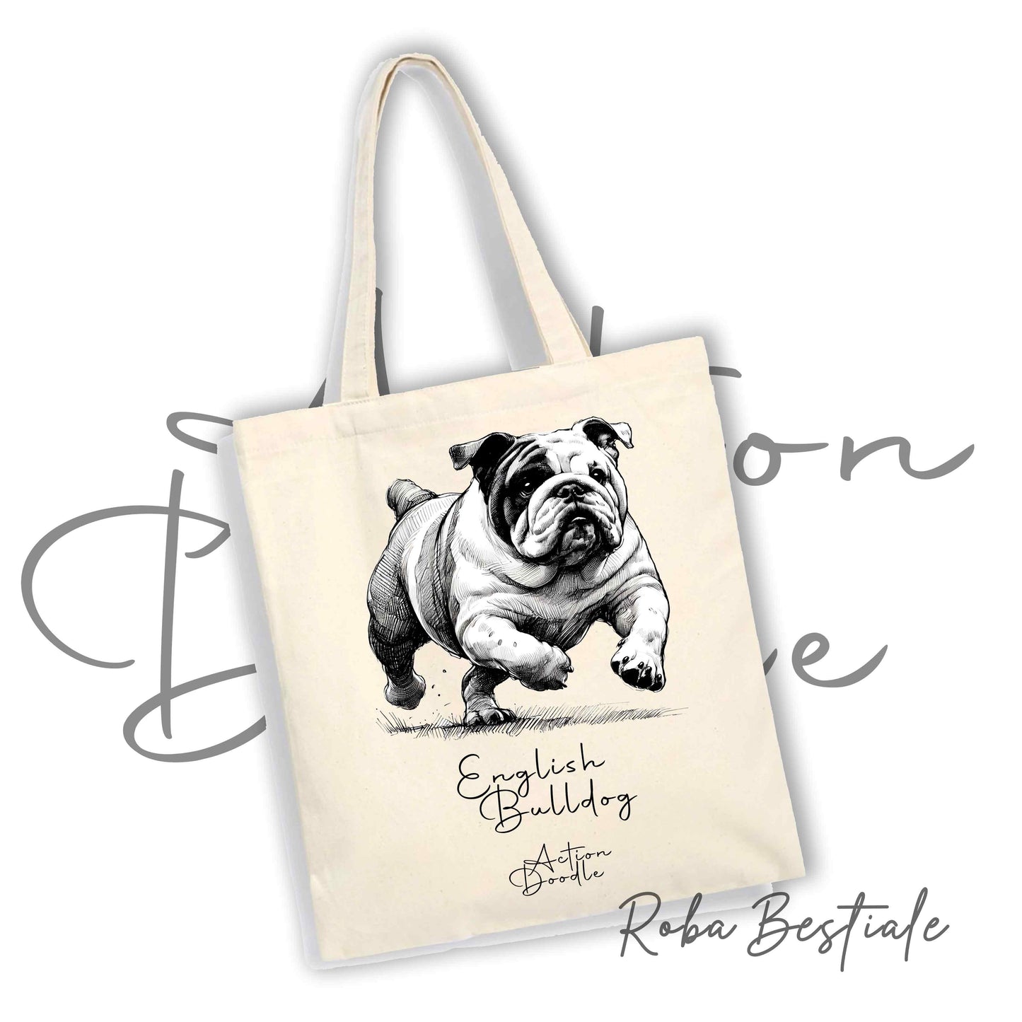 Shopper ACTION DOODLE - BULLDOG INGLESE 1 - Diversi colori disponibili, 100% Cotone