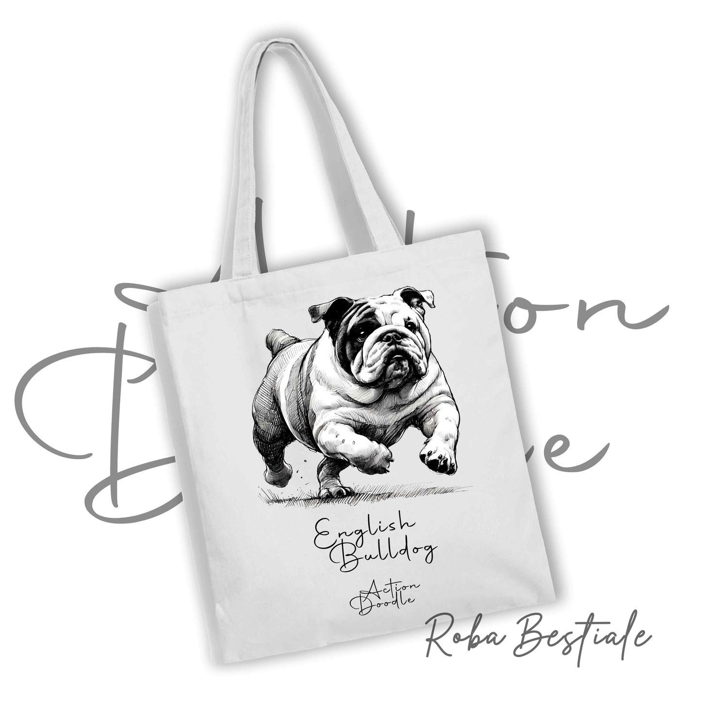 Shopper ACTION DOODLE - BULLDOG INGLESE 1 - Diversi colori disponibili, 100% Cotone