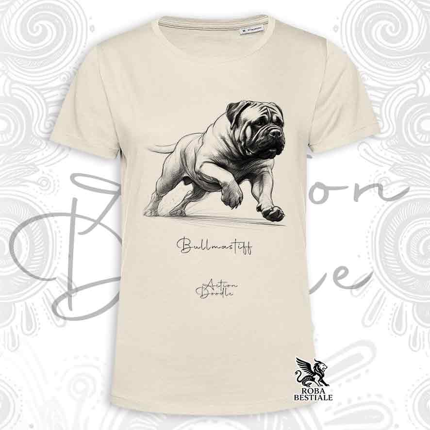 T-Shirt ACTION DOODLE - BULLMASTIFF - Bianca o Beige, da Uomo o da Donna - dalla XS alla 5XL