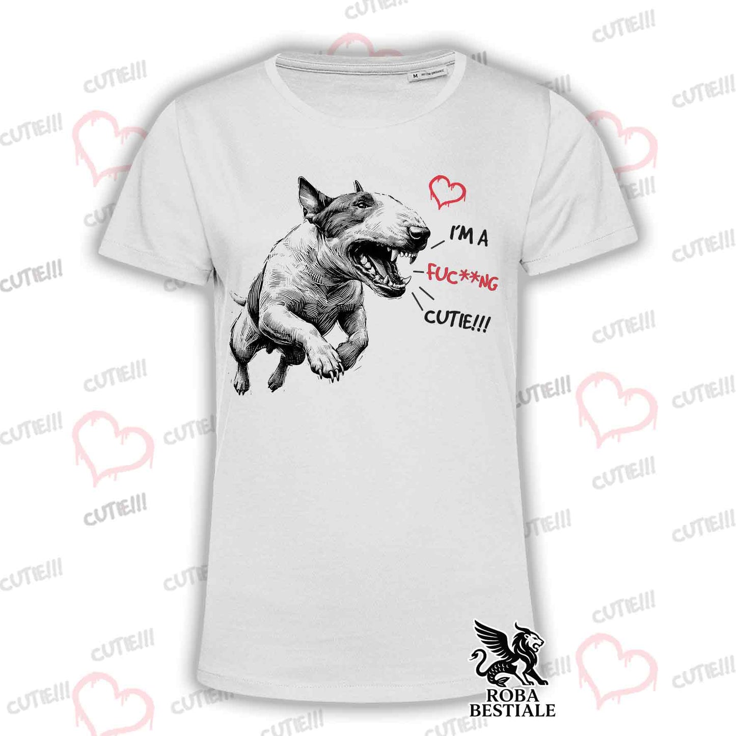 T-Shirt CUTIE - BULL TERRIER - Bianca o Beige, da Uomo o da Donna - dalla XS alla 5XL