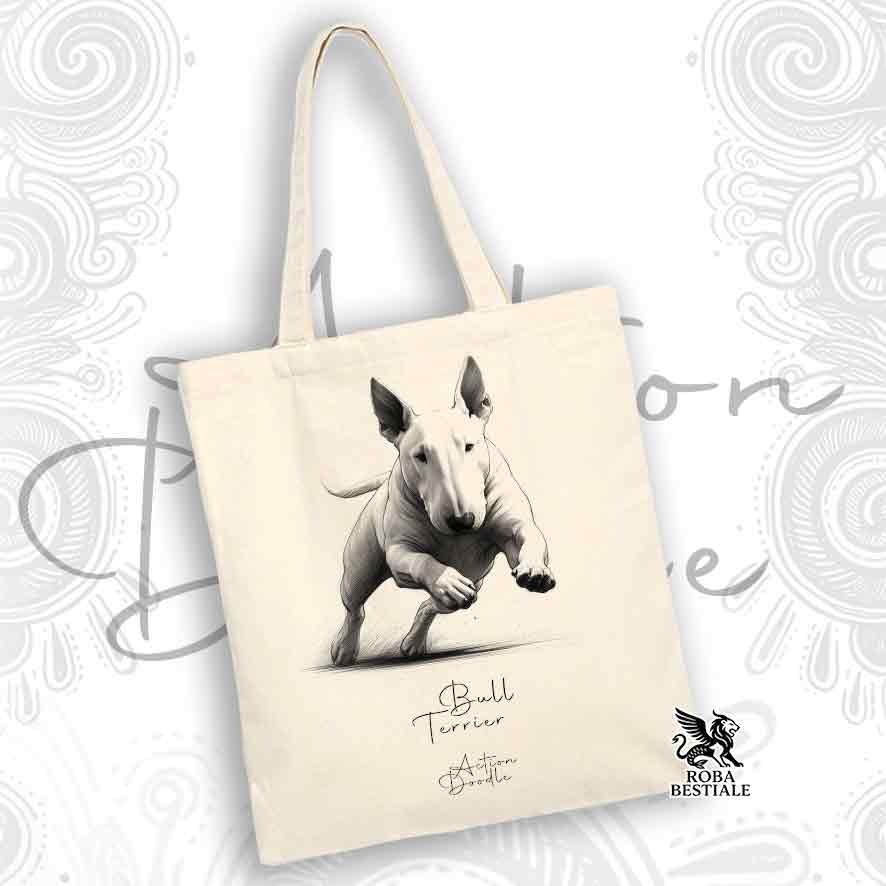 Tote Bag ACTION DOODLE - BULL TERRIER Bianco - 100% Cotone - Bianca o Beige