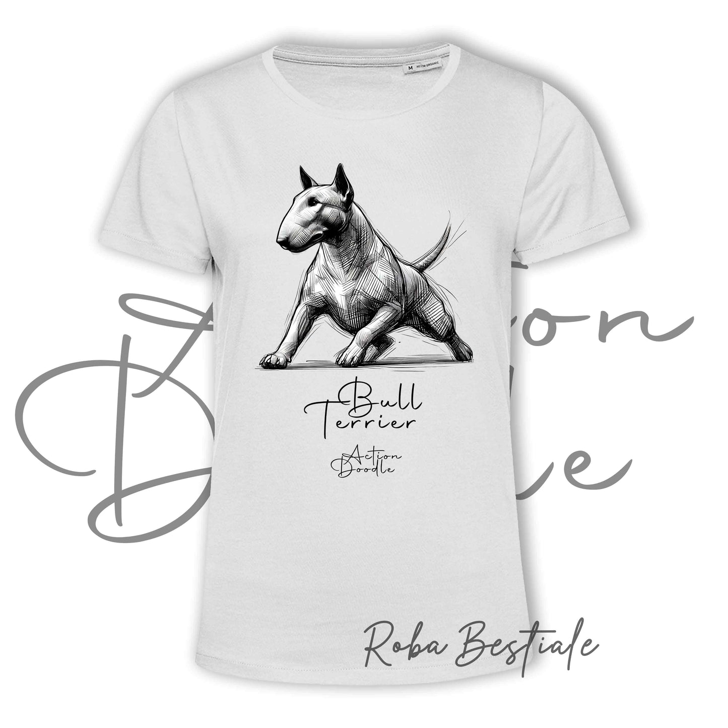 T-Shirt ACTION DOODLE - BULL TERRIER Bianco 1 - 100% Cotone, Bianca, Uomo o Donna - dalla XS alla 5XL