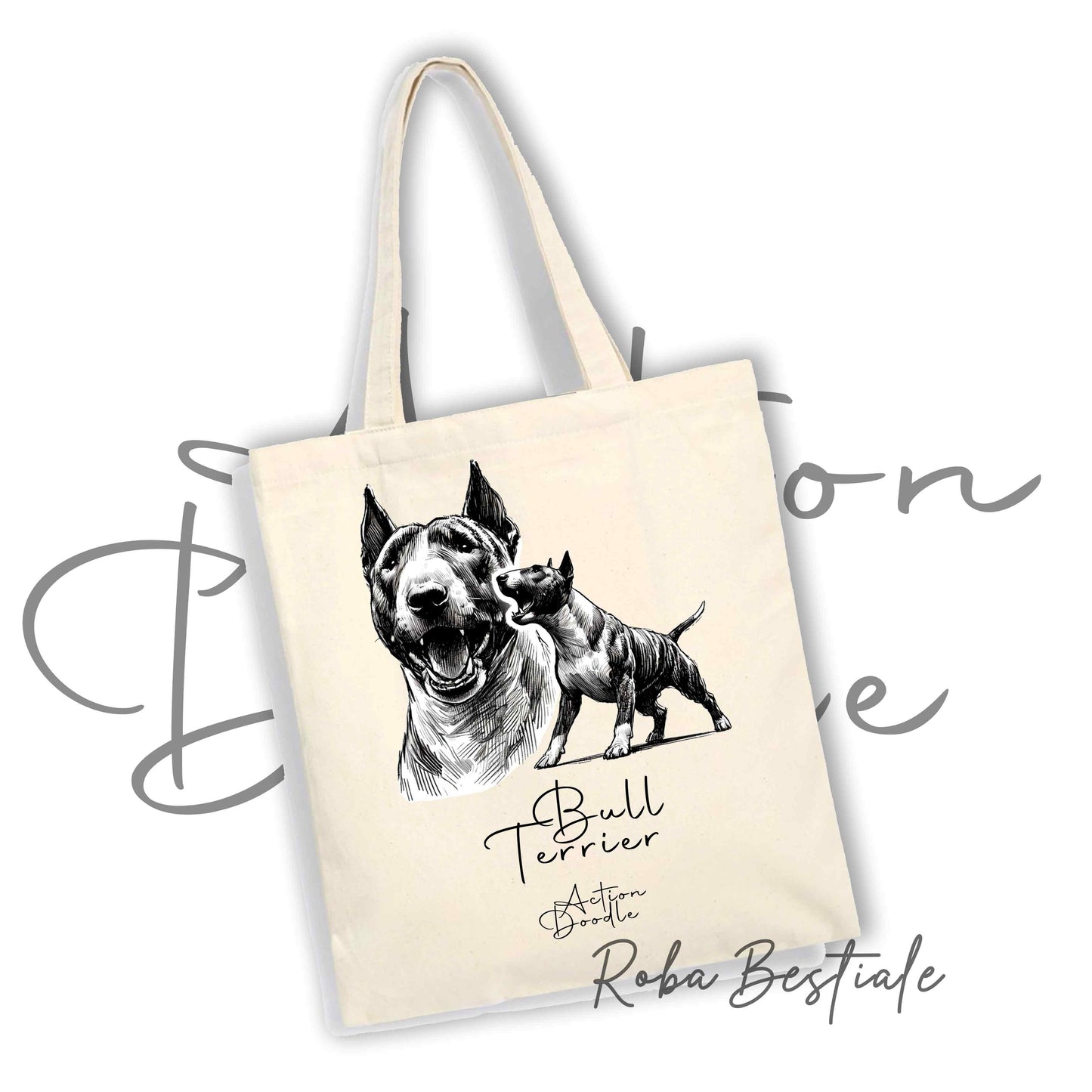 Shopper ACTION DOODLE - BULL TERRIER Tigrato 1 - Diversi colori disponibili, 100% Cotone