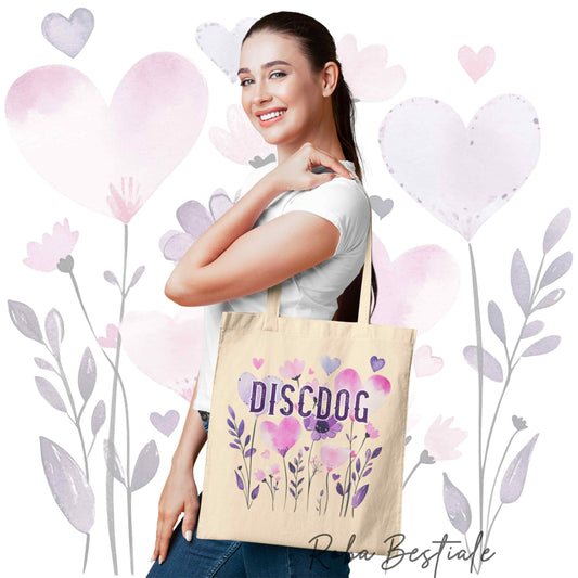 Borsa shopper beige stampata con una grafica dedicata al Disc Dog, collezione Candy