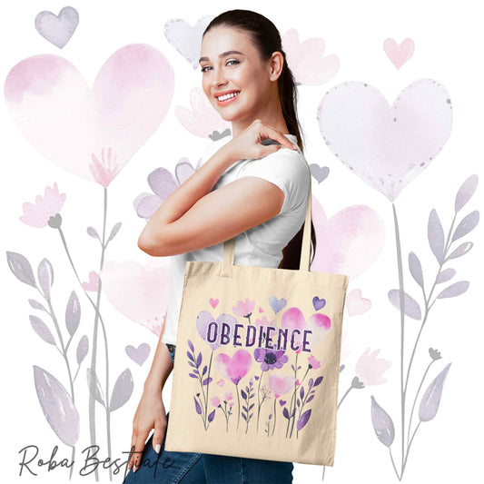 Borsa shopper beige stampata con una grafica dedicata all'Obedience, collezione Candy