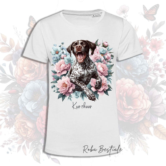T-shirt bianca con stampa cane e fiori, scollo rotondo, maniche corte