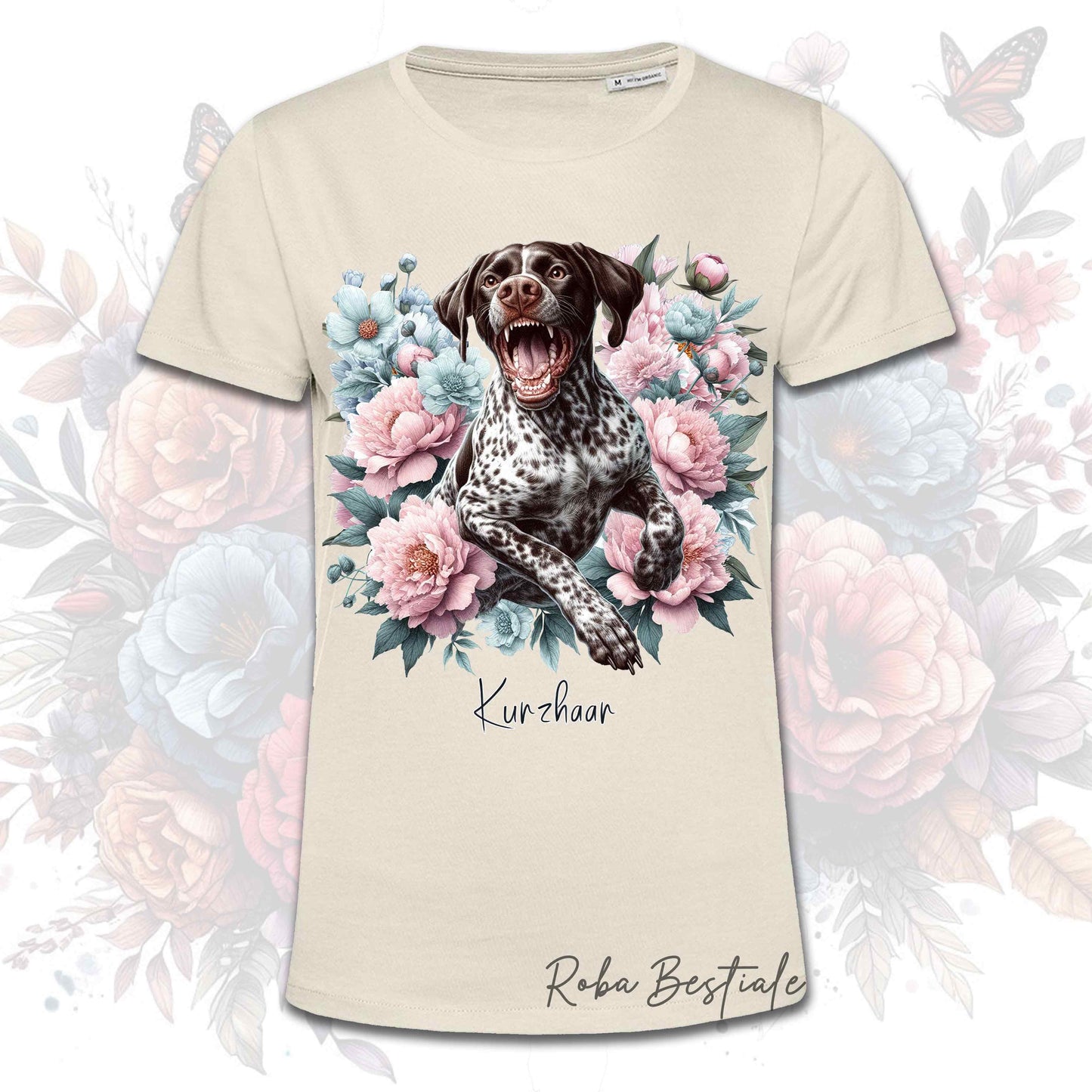 T-Shirt PEONY - CANE DA FERMA TEDESCO A PELO CORTO - KURZHAAR - Roano Marrone - Bianca o Beige, dalla XS alla 5XL