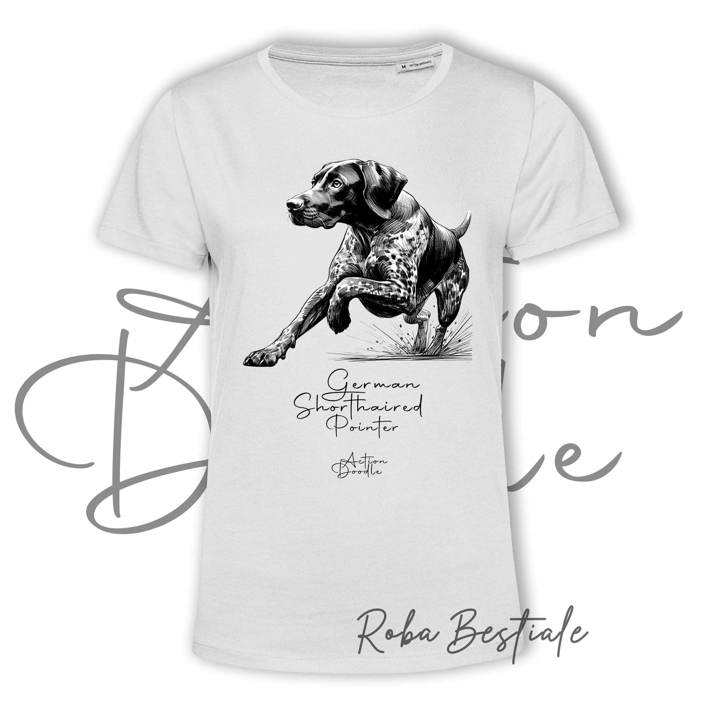 T-Shirt ACTION DOODLE - CANE DA FERMA TEDESCO A PELO CORTO - KURZHAAR 1 - 100% Cotone, Bianca, Uomo o Donna - dalla XS alla 5XL