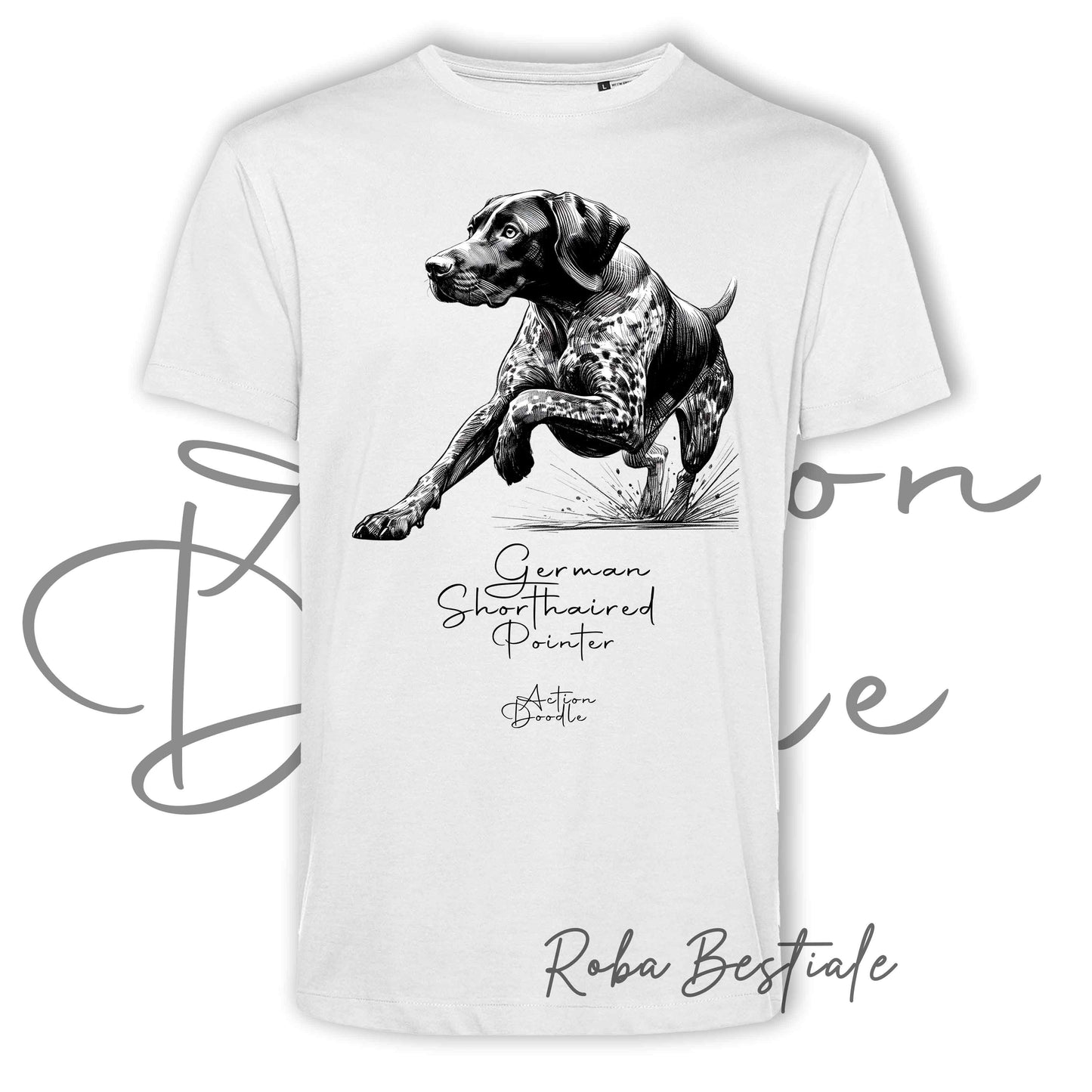 T-Shirt ACTION DOODLE - CANE DA FERMA TEDESCO A PELO CORTO - KURZHAAR 1 - 100% Cotone, Bianca, Uomo o Donna - dalla XS alla 5XL