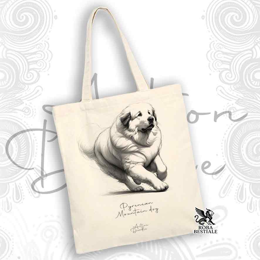 Tote Bag ACTION DOODLE - CANE DA MONTAGNA DEI PIRENEI - 100% Cotone - Bianca o Beige