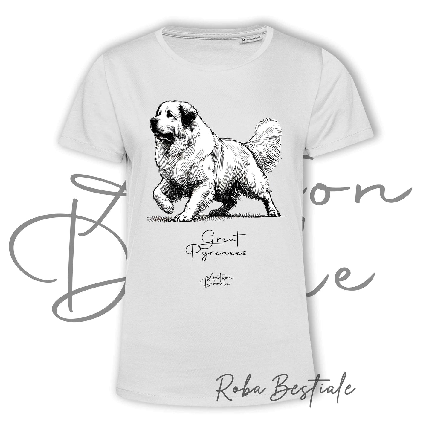 T-Shirt ACTION DOODLE - CANE DA MONTAGNA DEI PIRENEI 1 - 100% Cotone, Bianca, Uomo o Donna - dalla XS alla 5XL