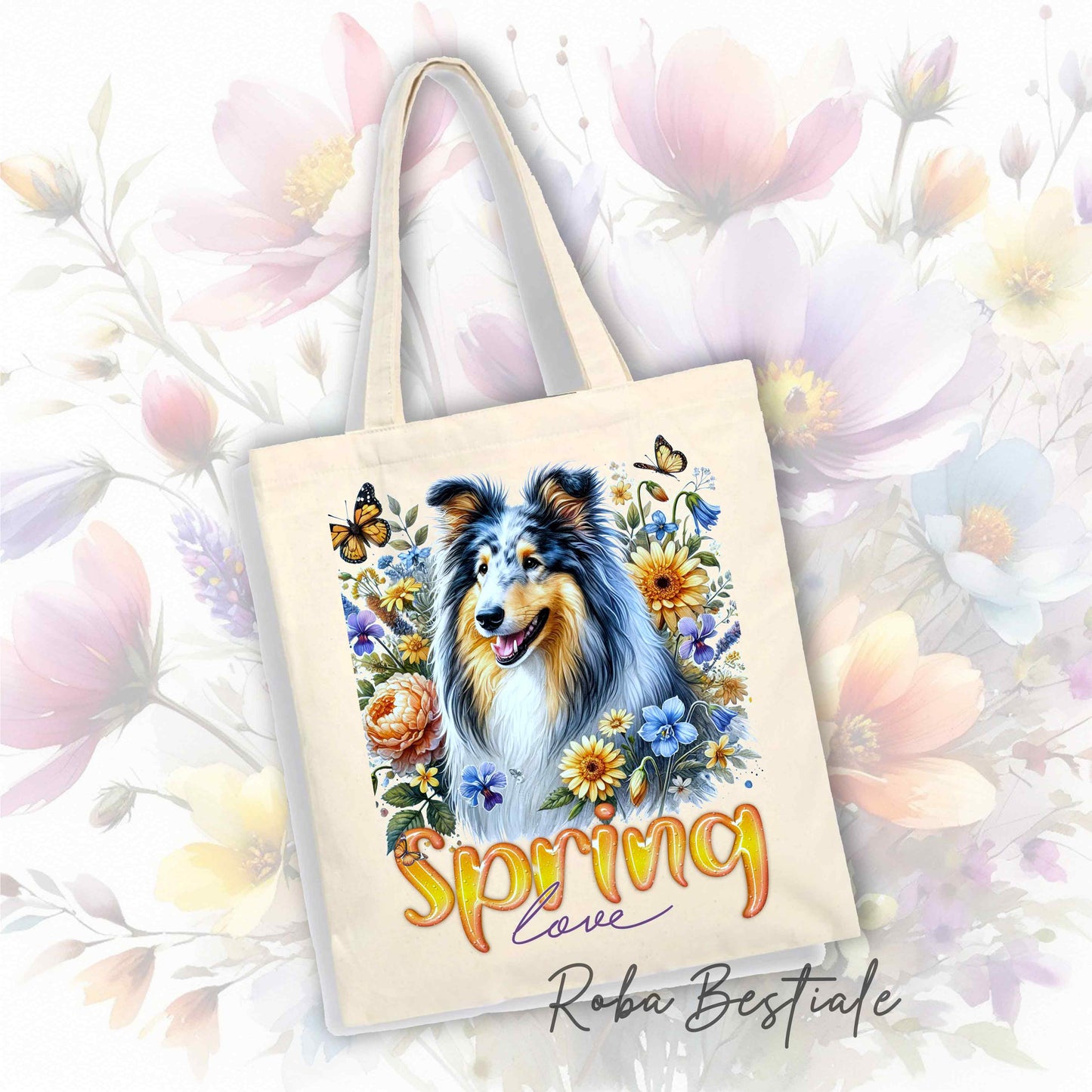 Shopper SPRING LOVE - CANE DA PASTORE SCOZZESE a Pelo Lungo, Blue Merle - Diversi colori disponibili, 100% Cotone