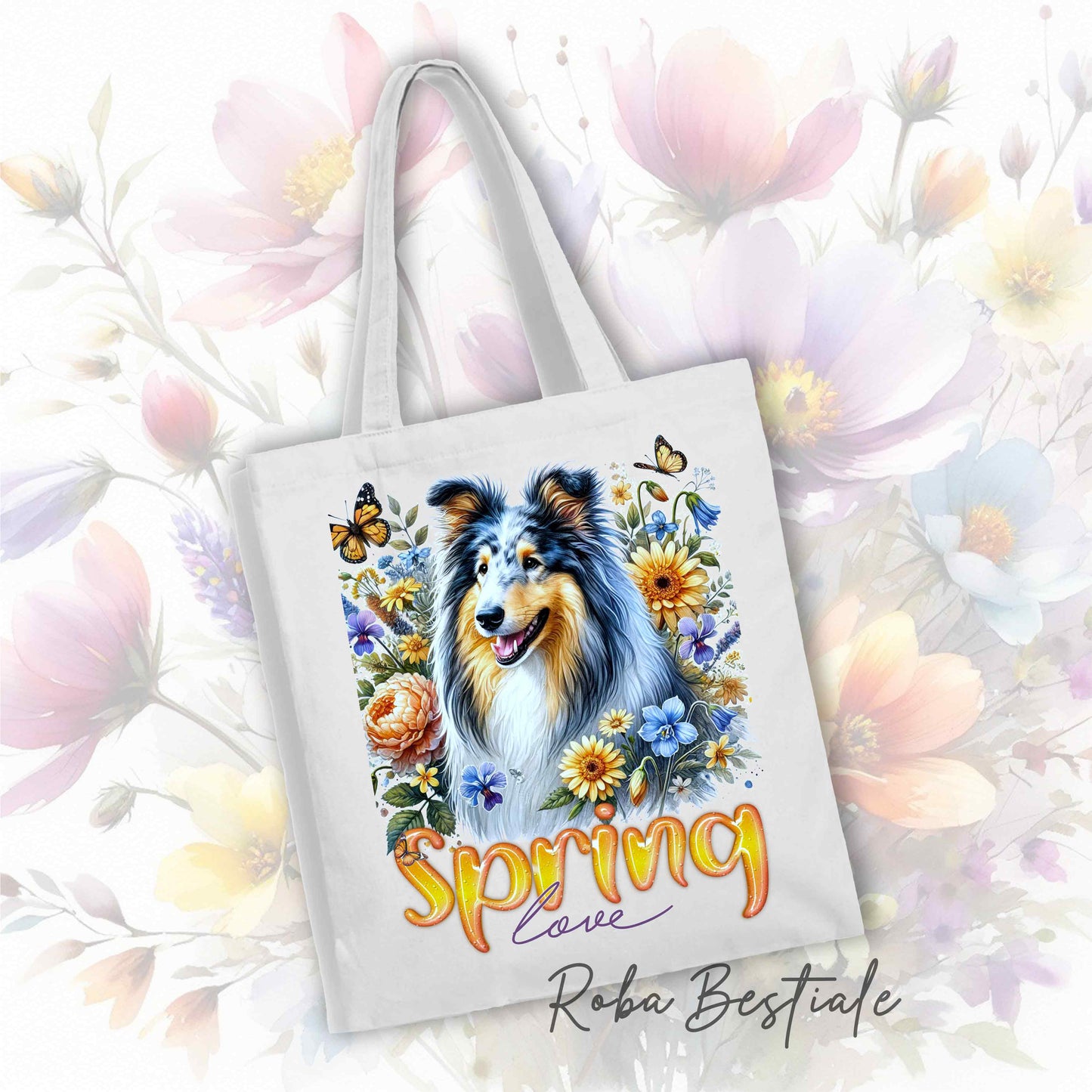Shopper SPRING LOVE - CANE DA PASTORE SCOZZESE a Pelo Lungo, Blue Merle - Diversi colori disponibili, 100% Cotone