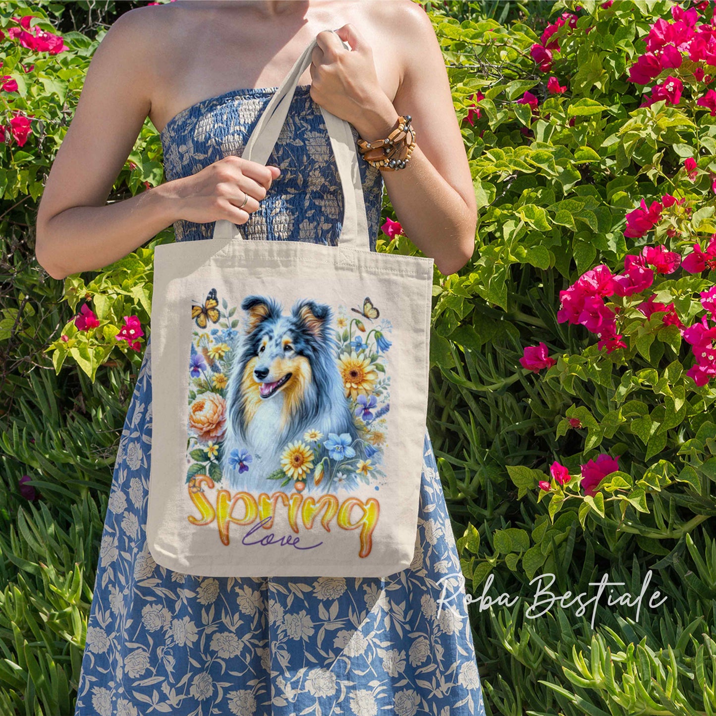 Shopper SPRING LOVE - CANE DA PASTORE SCOZZESE a Pelo Lungo, Blue Merle - Diversi colori disponibili, 100% Cotone