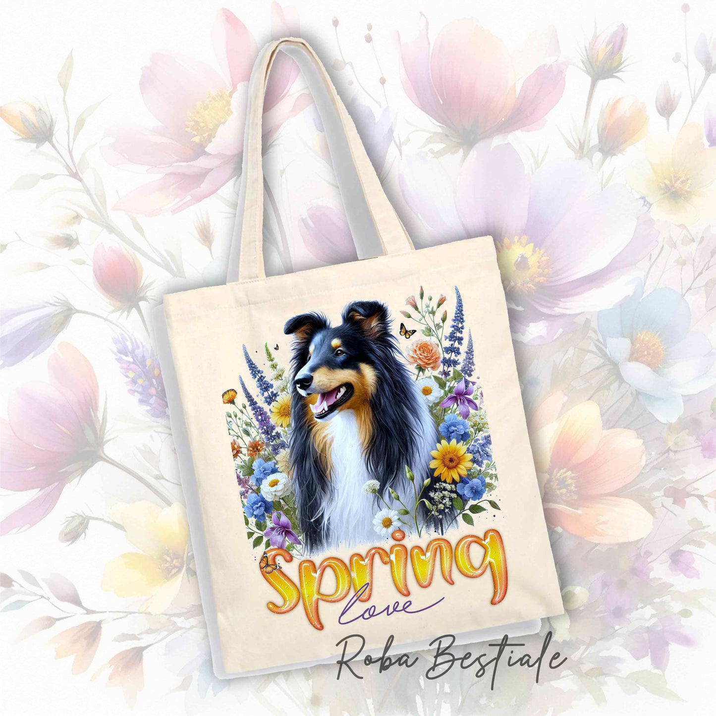 SPRING LOVE Shopper - Long-Haired SCOTTISH SHEPHERD DOG, Black Tricolor - Various Colors Available, 100% Cotton