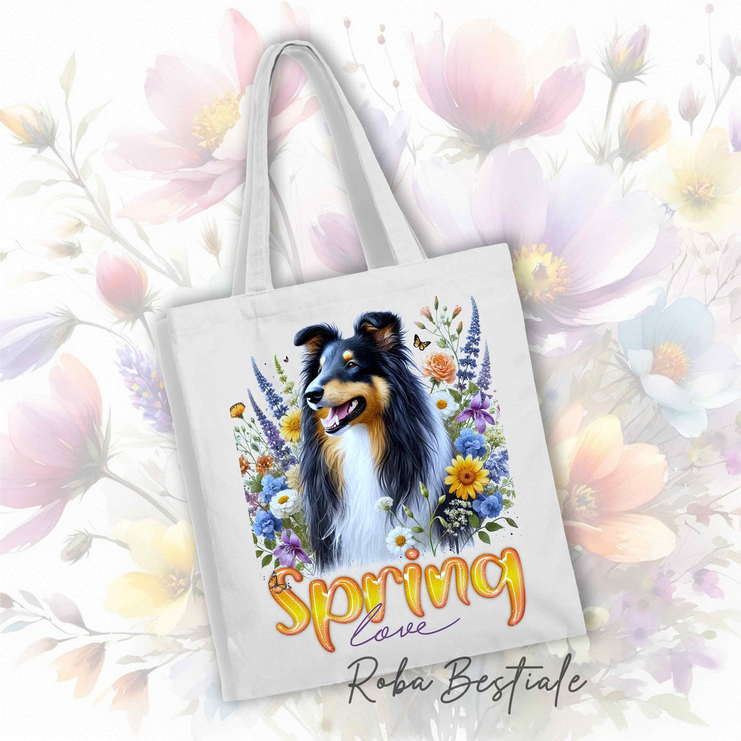 SPRING LOVE Shopper - Long-Haired SCOTTISH SHEPHERD DOG, Black Tricolor - Various Colors Available, 100% Cotton