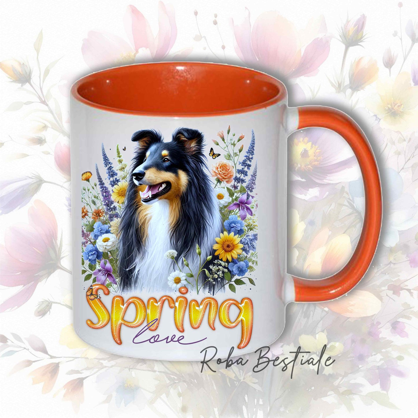 Tazza SPRING LOVE - CANE DA PASTORE SCOZZESE a Pelo Lungo, Black Tricolor - In Ceramica, con manico e interno colorati - 330 ml